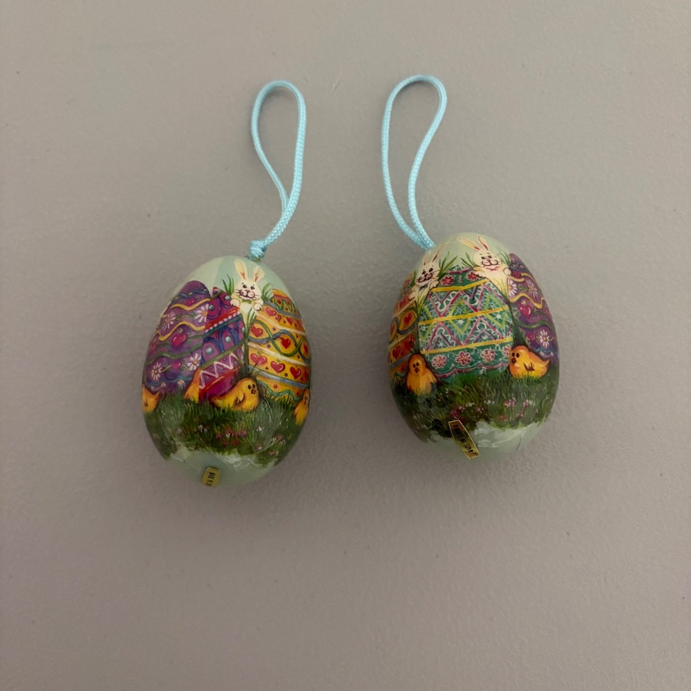 Vintage Decoupage Easter Egg Ornaments Set of 2 Bunny Chick Spring Decor Tree - Picture 1 of 5